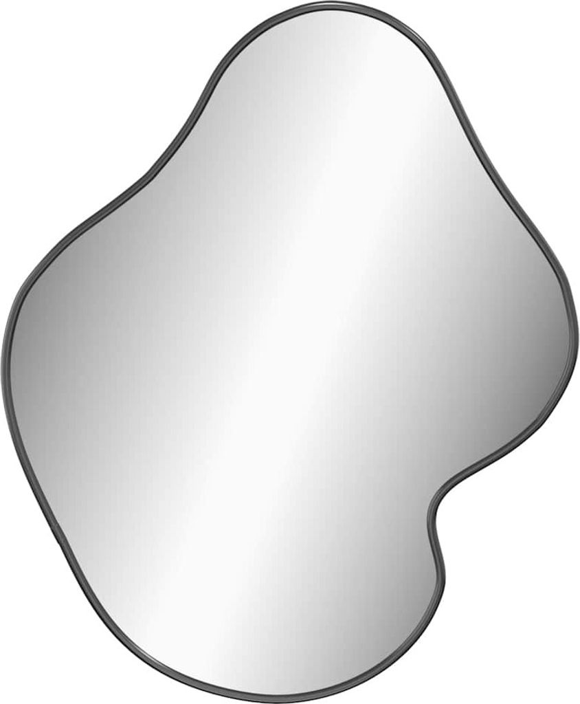 A black-framed, irregularly shaped mirror is shown against a white background.
