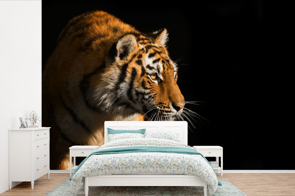 MuchoWow Fototapete für Wohnzimmer oder Schlafzimmer Wandtapete Vinyl Motivtapete Tiger - Jagd - Sonne - 600x400 cm - Vinyltapeten