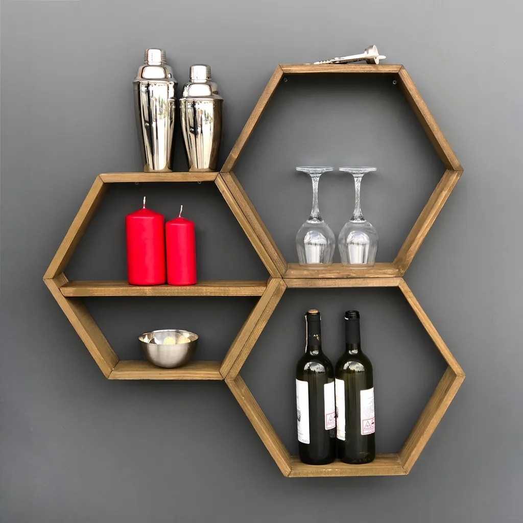 Étagère Murale Hexagonale en Bois Massif de Mélèze Finition Noyer Chic