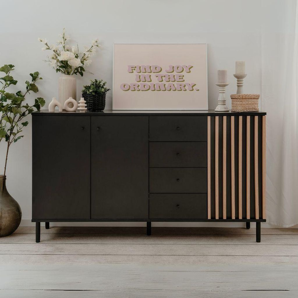 Madia moderna 3 ante e 4 cassetti nero con listelli rovere Immagine del prodotto 