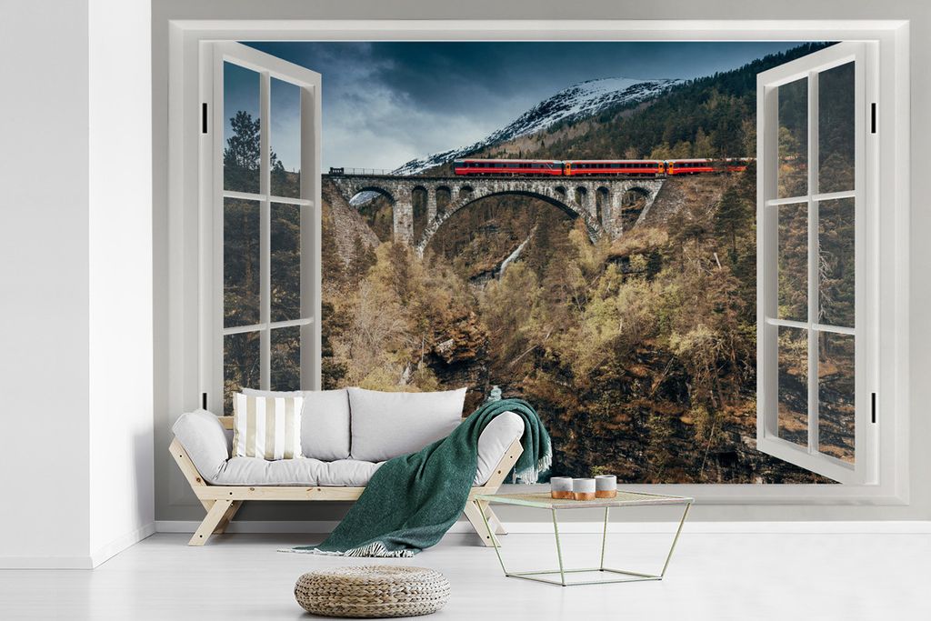 MuchoWow Fototapete für Wohnzimmer oder Schlafzimmer Wandtapete Vinyl Motivtapete Aussicht - Berge - Brücke - 360x240 cm - Vinyl-Tapete