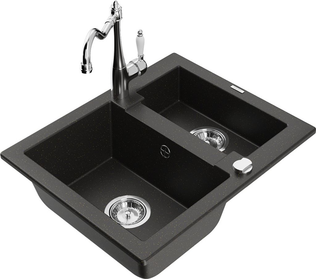 Mexen Carlos 1,5-Becken-Granitspüle mit Mischbatterie Carla, Schwarz/Gold metallisch - 6518-75-670700-00