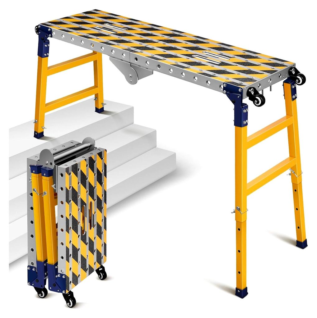 2 in 1 Stabil Arbeitsplattform + Mobiler Schweißtisch mit Antirutsch Klebestreifen, 60-90cm Höhenverstellbar Klappbare Arbeitsbühne Laufbühne A...