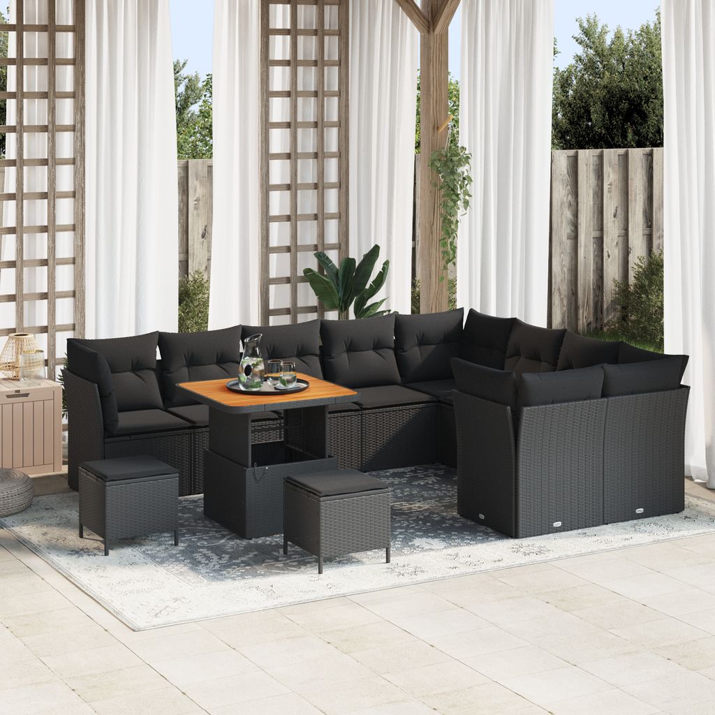 Desgin 12-teiliges Garten Sofa Set mit Kissen Schwarz Poly Rattan Akazie - Gartensofas 3363469