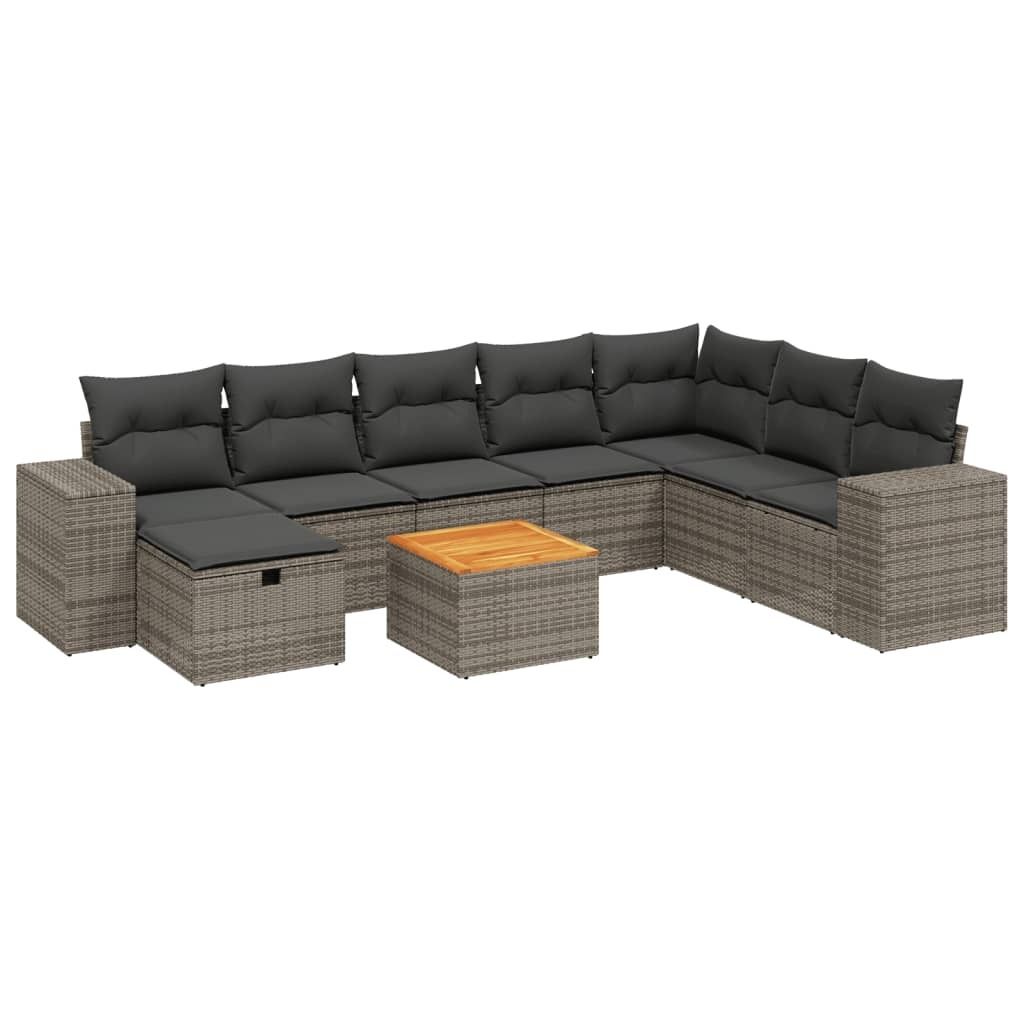 9-tlg. Garten-Sofagarnitur mit Kissen Grau Poly Rattan