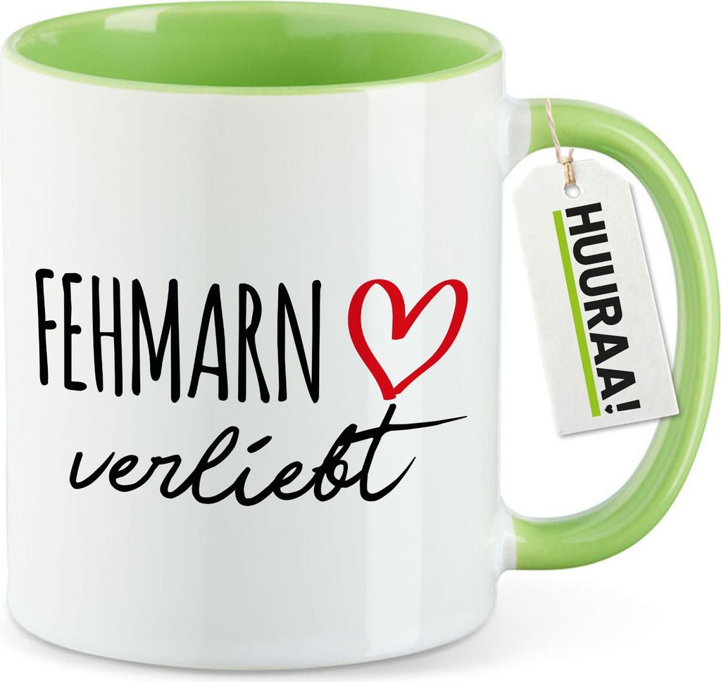 Huuraa Kaffeetasse Fehmarn verliebt 330ml Grün Keramik Kaffeebecher Geschenkidee