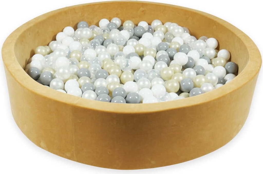 Bällebad 130x30 Samtig weich Carmel – Mit 600 Bällen / transparent, weiß, perlmutt, grau, hellgold