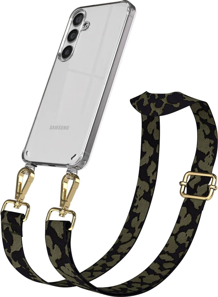 EAZY CASE Handykette - Verstellbarer Trageriemen kompatibel mit Samsung Galaxy S24, Handykordel mit transparenter Silikon-Hülle, Karabiner Gold, C...