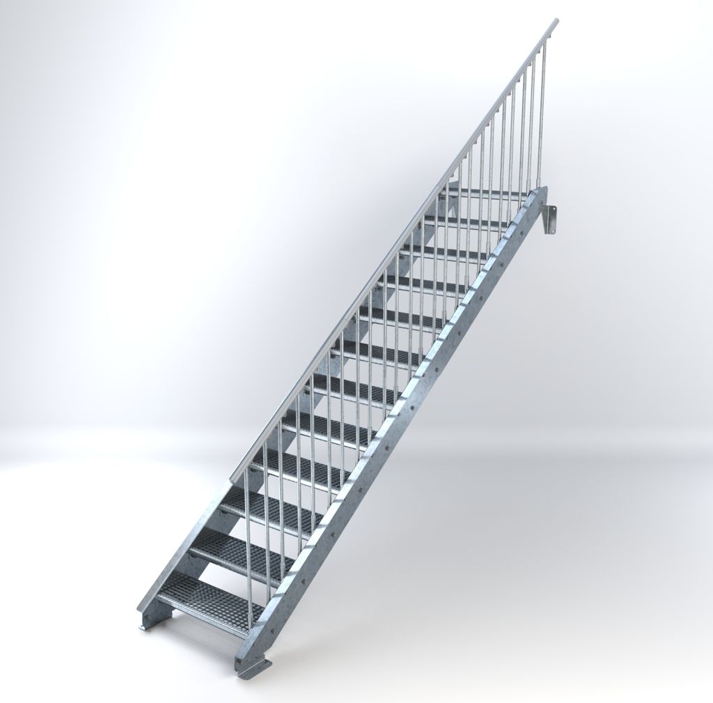Stahltreppe 12 Stufen bis Höhe 240 cm, Laufbreite : 70 cm Geländer rechts ST 2 (31 / 31 mm gezackt)