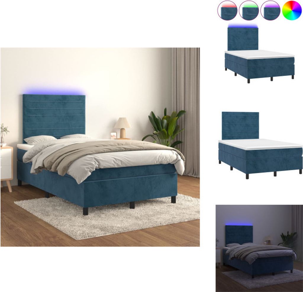 vidaXL Boxspringbett mit Matratze & LED Dunkelblau 120x200 cm Samt - Betten & Bettgestelle