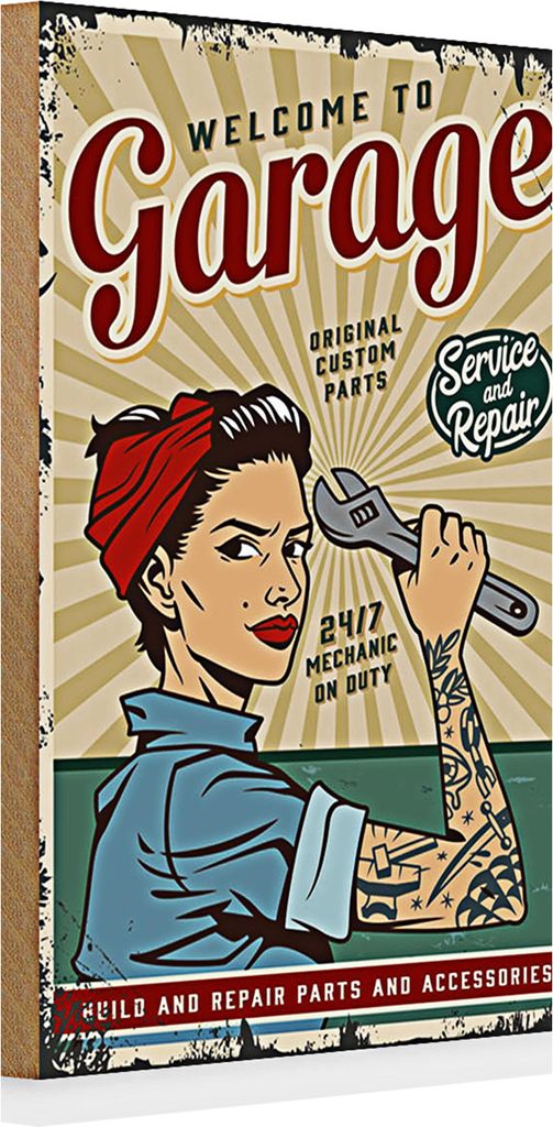 Holzschild Retro 20x30cm Pinup welcome Garage service 24/7