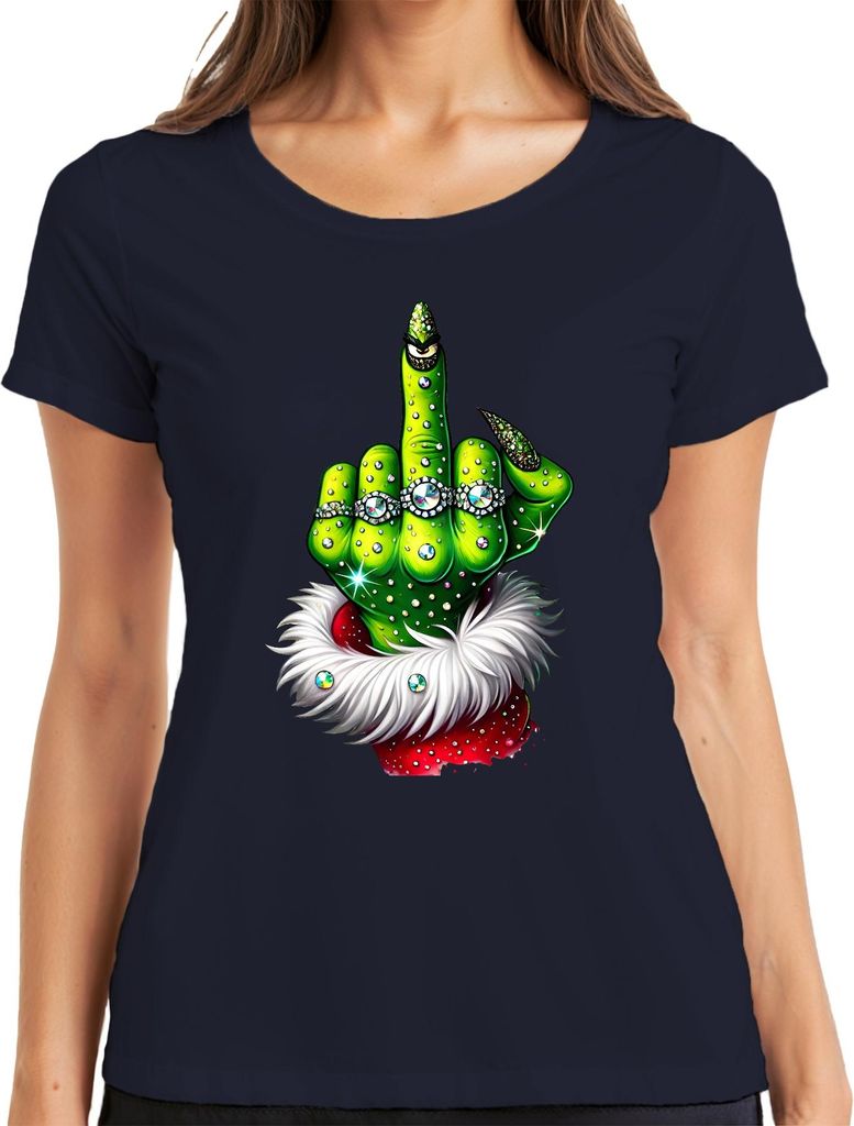 Grinch Mittelfinger Weihnachten frech Geschenk Glitzer Damen T-Shirt, Navy, M
