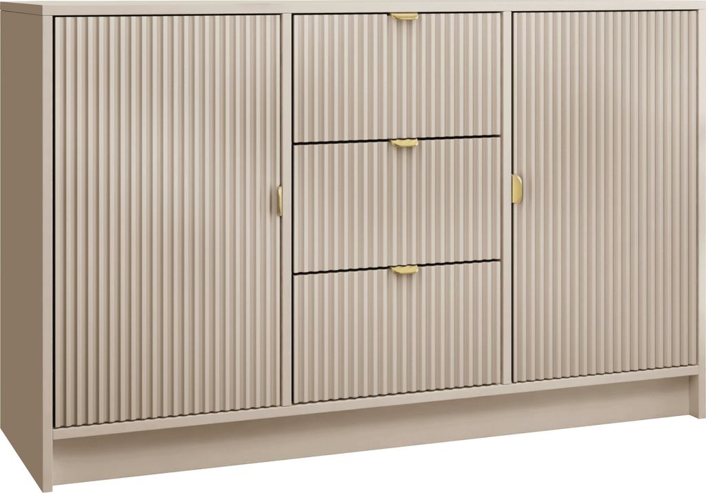 A front view of a sandbeige colored sideboard with fluted doors and drawers.