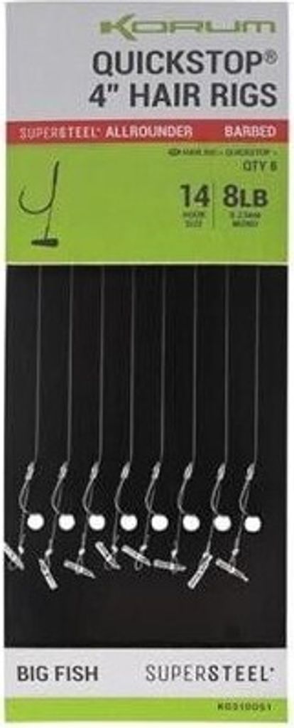 Korum Big Fish 10Cm Quickstops Hair Rigs Barbless 8st. Size 10