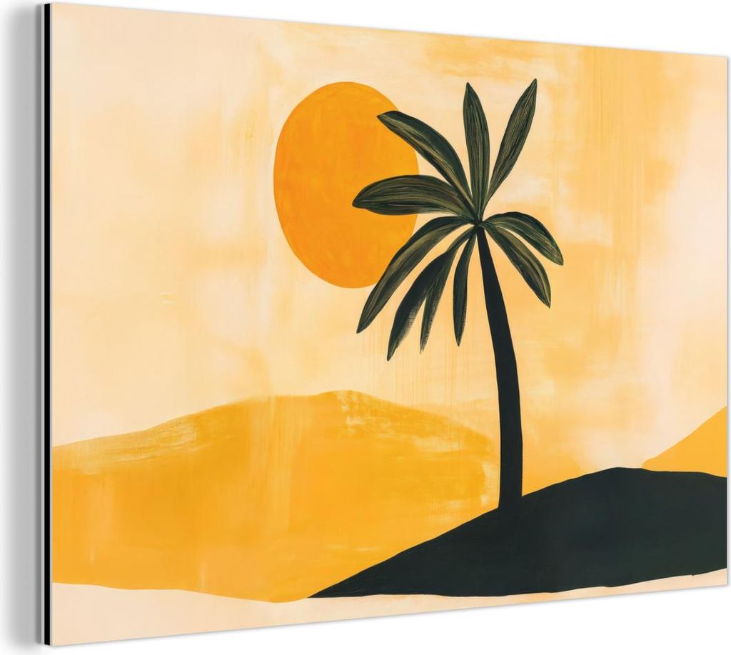 MuchoWow Wanddekoration Metall Metallbild Wandkunst 120x80 cm Illustration - Palme - Sonne - Hügel MuchoWow Aluminium Gemälde - Alu Bild