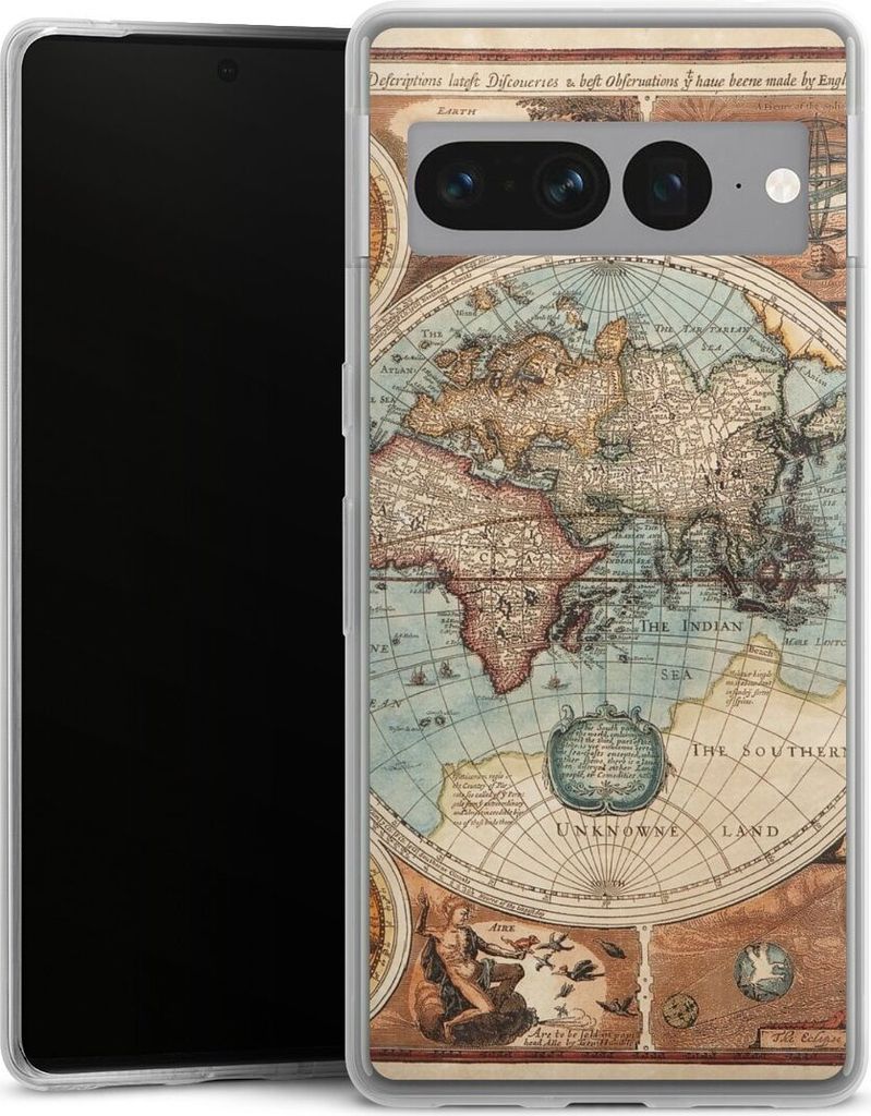 DeinDesign Slim Hülle für Google Pixel 7 Pro Silikon Case Ultra Dünn Handyhülle Landkarte Vintage Weltkarte