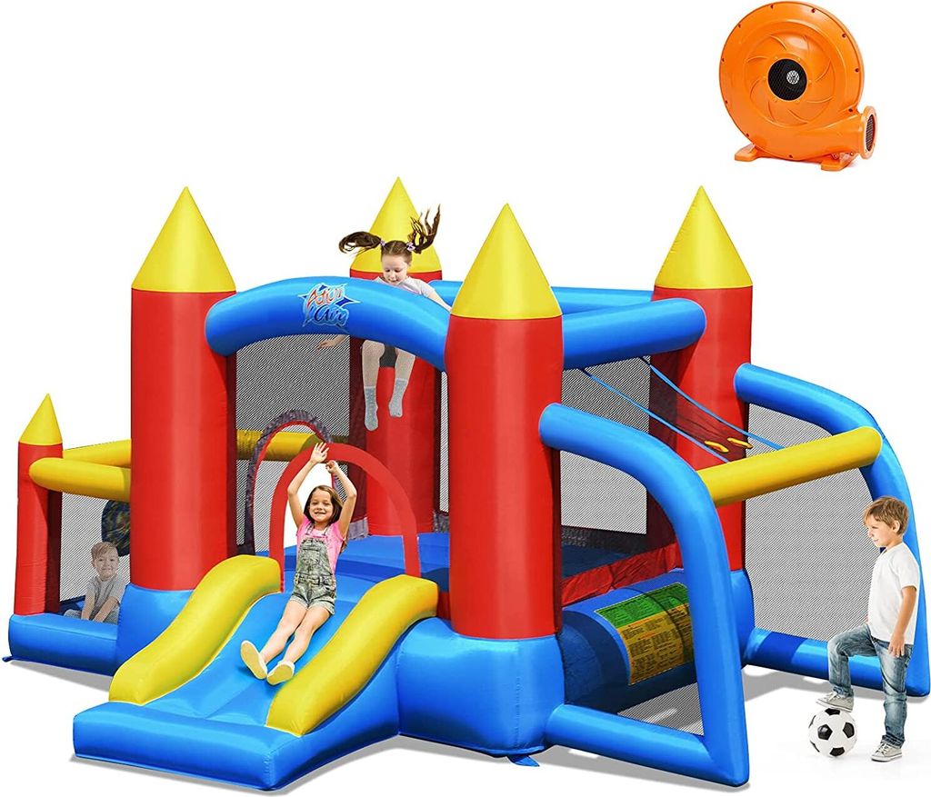 GOPLUS Kinder Hüpfburg mit Luftpumpe, mit Rutsche & Ballpool, aufblasbares Springburg für 3-10 Jahre alt, Hüpfschloss für Indoor & Outdoor