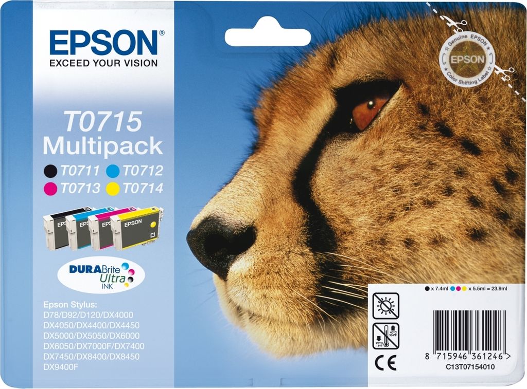 Epson - Inkcartridge EPSON T0715 Schwarz + 3 Farben | Blasen Sie ein 4 -Stück | 8 Stücke