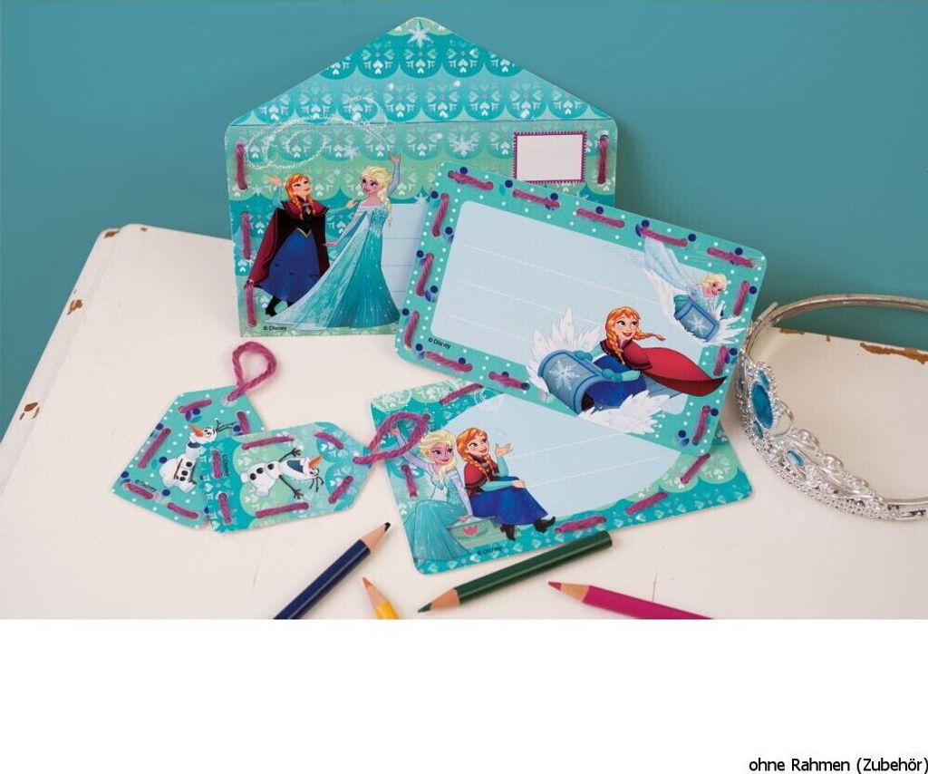 Auslaufmodell Vervaco Stickkarten "Anna und Elsa", 5er Set, Stickbild vorgezeichnet