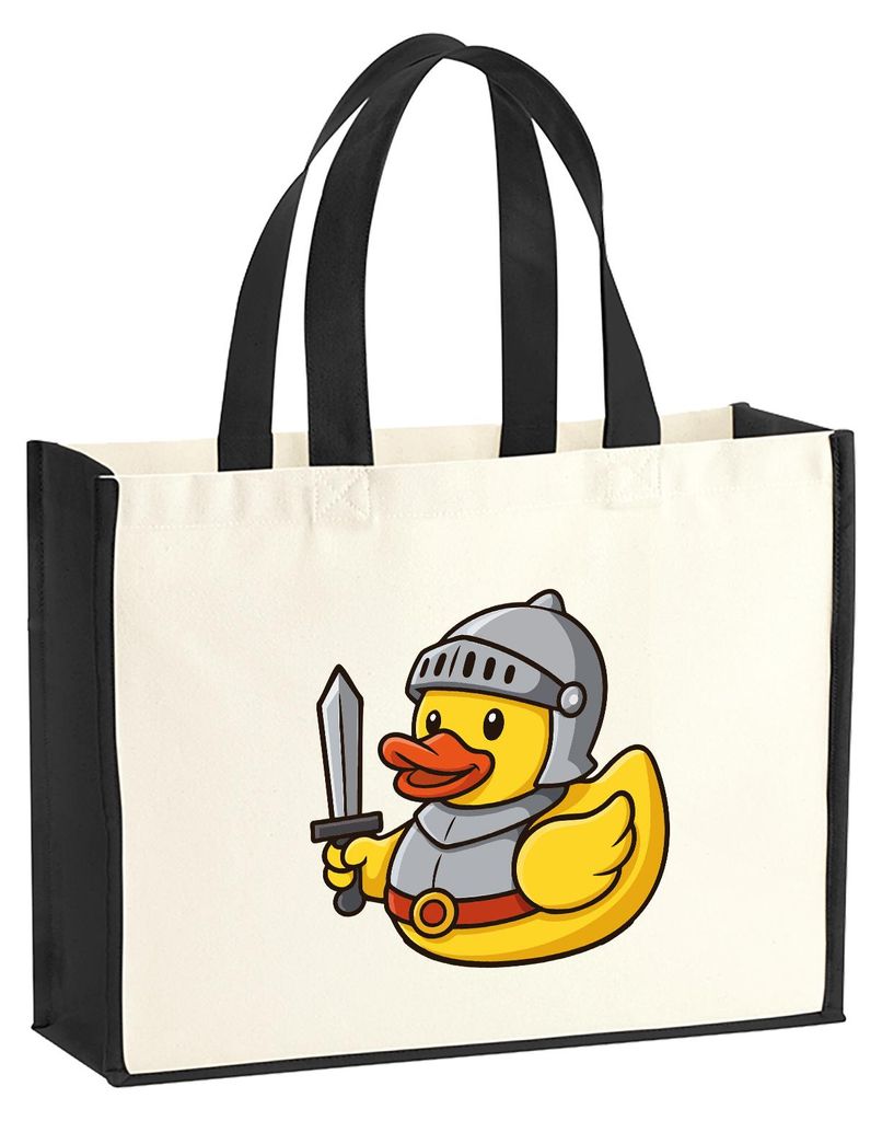 Huuraa Jutetasche Quietscheente Ritter Gummiente Mittelalter 21 Liter Black Jute und Baumwolle Einkaufstasche Geschenkidee