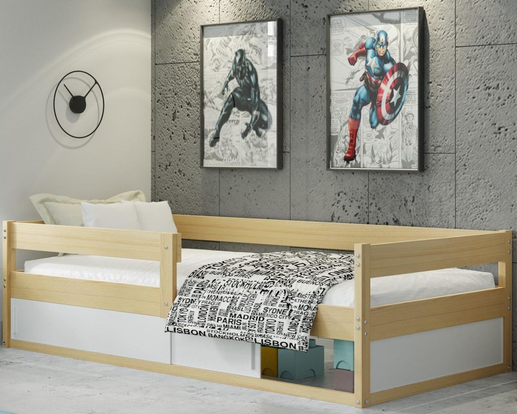 Interbeds Kinderbett Montessori Einzelbett 160x80cm Bodenbett Kiefernholz Naturholz mit Lattenrost und Rausfallschutz