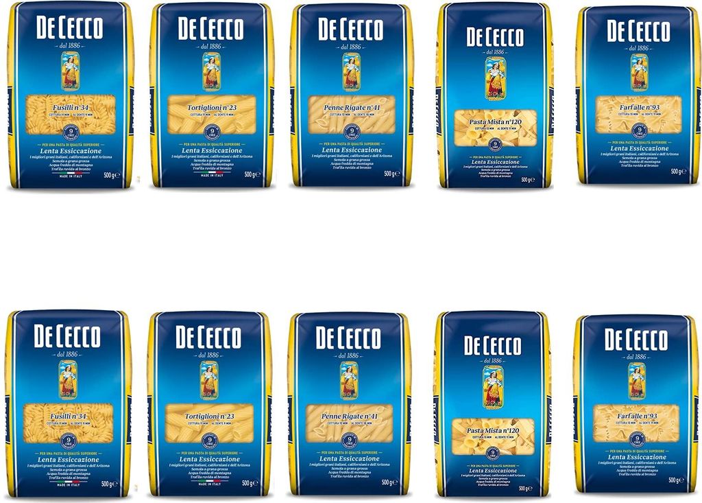 TESTPAKET Pasta De Cecco italienisch (10 x 500g) 5 Arten von Nudeln kurze Nudeln (Fusilli-Tortiglioni-Penne Rigate-P.Mista-Farfalle)