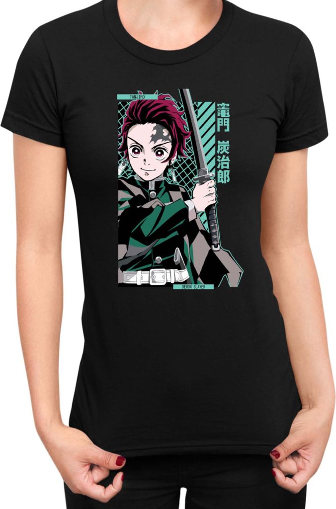 Damen T-Shirt Demon Anime Slayer Kimetsu No Yaiba Tanjiro Kamado 100, Lady L / Schwarz