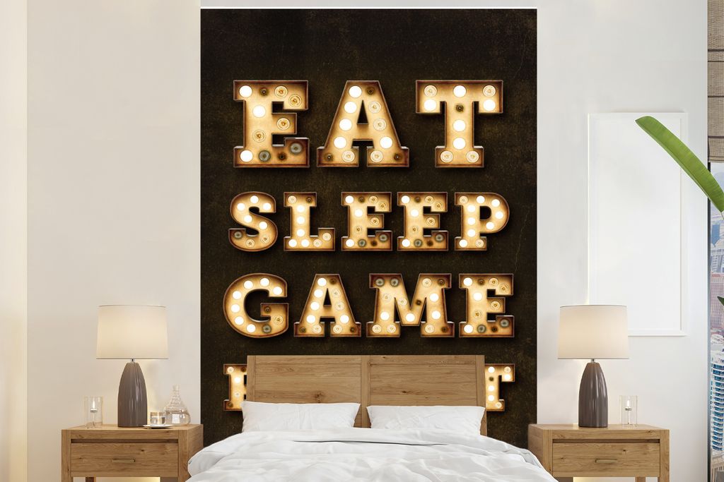 MuchoWow Fototapete für Wohnzimmer oder Schlafzimmer Wandtapete Vinyl Motivtapete Spiele - Spiele - Zitate - Sprichwörter - Eat sleep game repe...