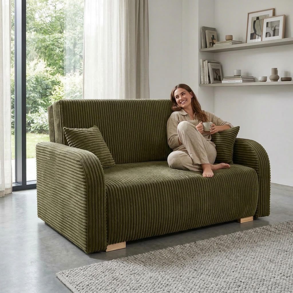 Wohnero24 Lirena 2 Schlafsofa 136x95 cm mit Bettfunktion 113x195 cm – 2-Sitzer Cord Sofa ausziehbar mit Bettkasten, kleines Schlafsofa für Wohnz...