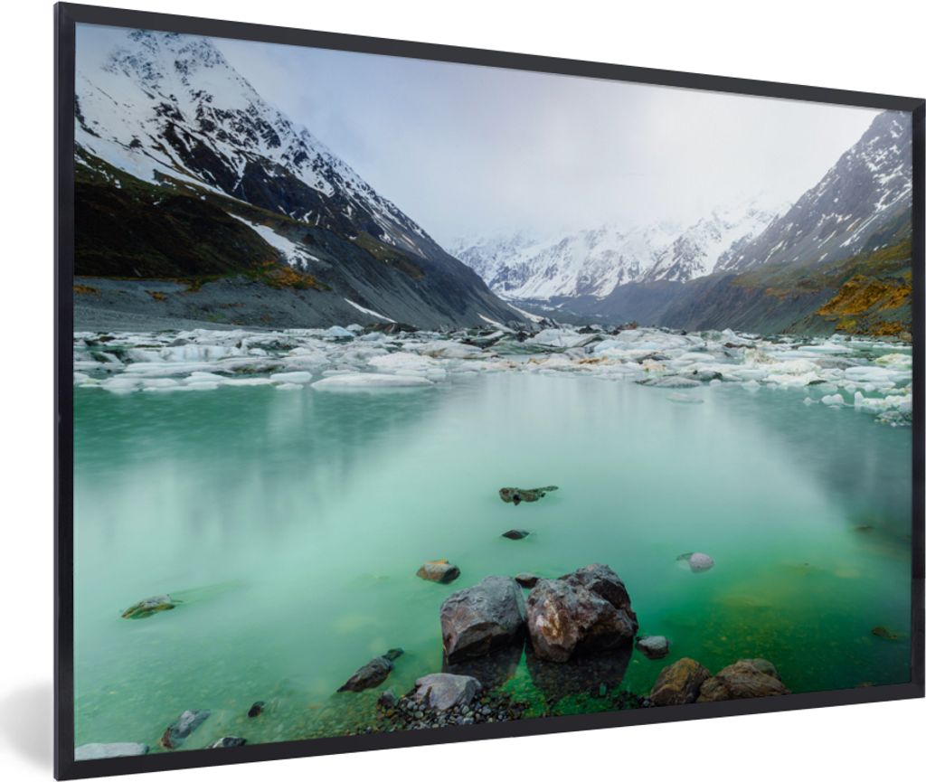 MuchoWow MuchoWow Gerahmtes Poster Meer - Berge - Neuseeland 90x60 cm - Poster mit zchwarzem Bilderrahmen - Fotorahmen - Foto-Plakat