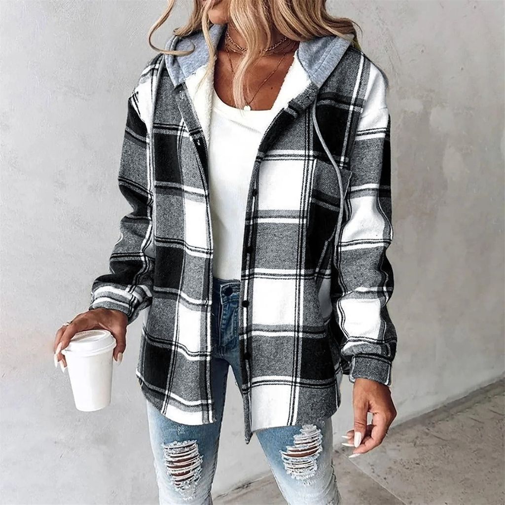 Veste Femme Décontractée à Capuche – Style Carreaux Contrastés – Fermeture Zip – Pour Bureau, Quotidien, Occasion Décontractée