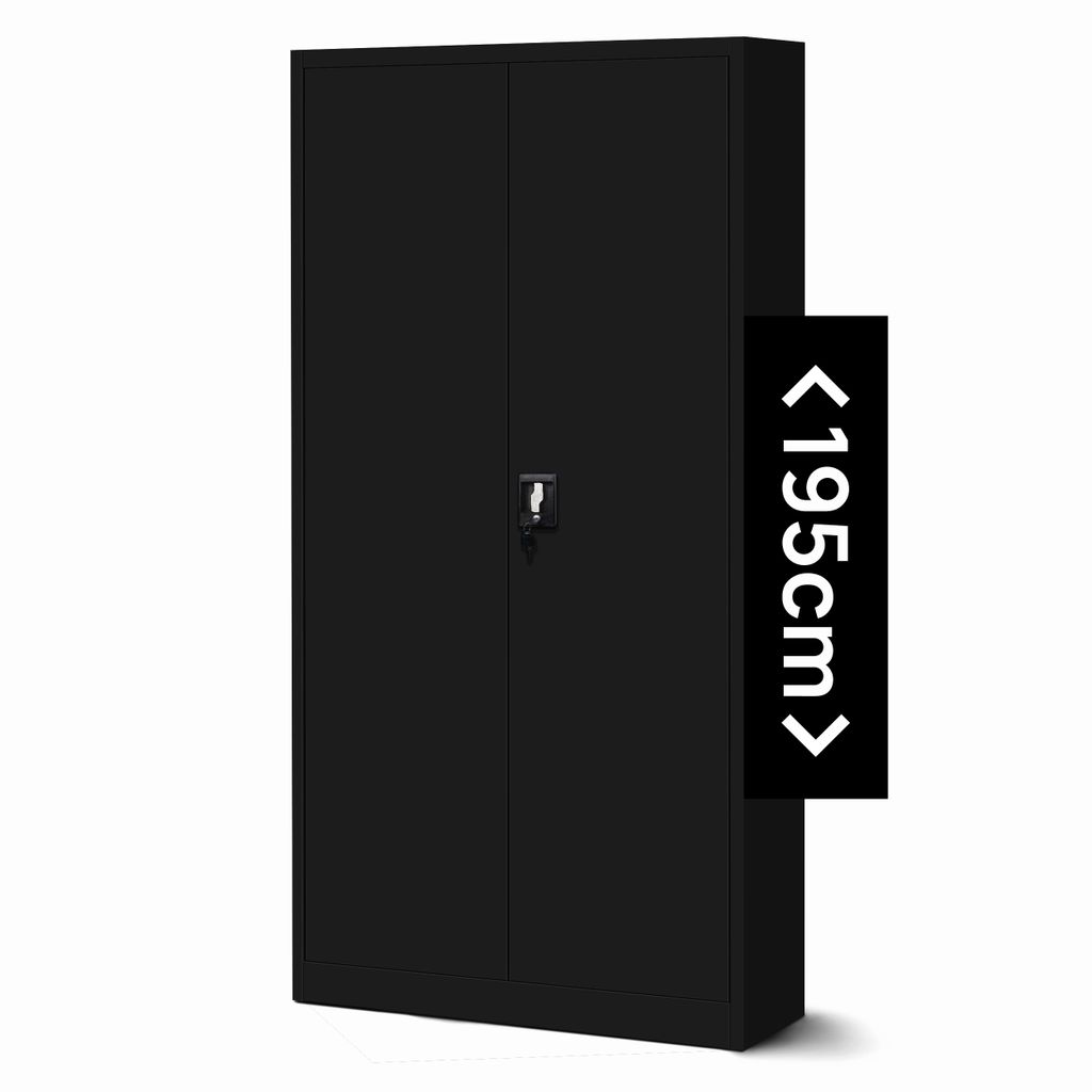 A black metal cabinet with two doors and a lock. A black label with white text indicating size is attached to the right side of the cabinet.