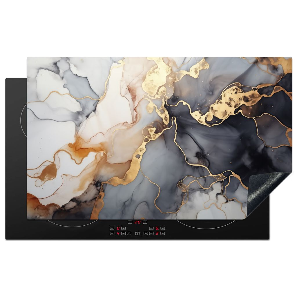 KitchenYeah Herdabdeckplatte Marmor - Schwarz - Gold - Weiß , 83x51cm, Küche Deko, Glaskeramikkochfeld Herdabdeckung, Abdeckplatte fùr Kochfeld
