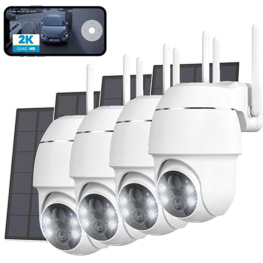 4 Stücke 2K Überwachungskamera Aussen Akku mit Solarpanel WLAN 360° Schwenkbare Kabellose Überwachungskamera PIR Bewegungsmelder Nachtsicht in ...