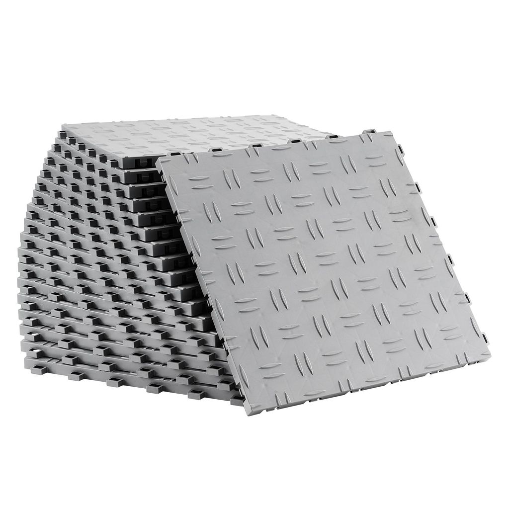 A stack of interlocking garage floor tiles.