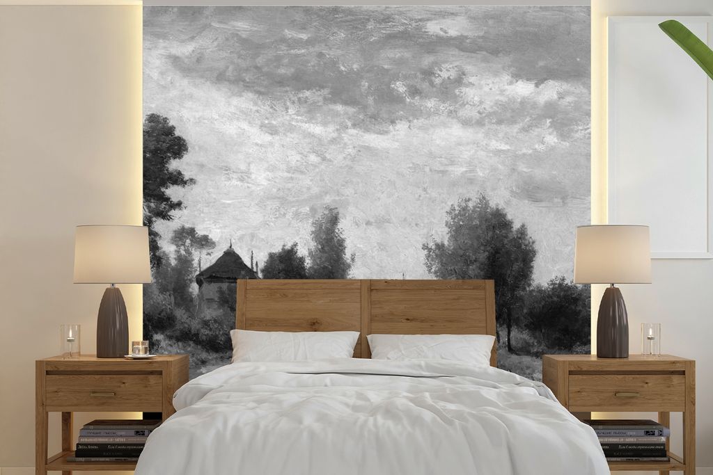 MuchoWow Fototapete für Wohnzimmer oder Schlafzimmer Wandtapete Vinyl Motivtapete Landschaft bei Kortenhöf in schwarz-weiß - Gemälde von Paul...