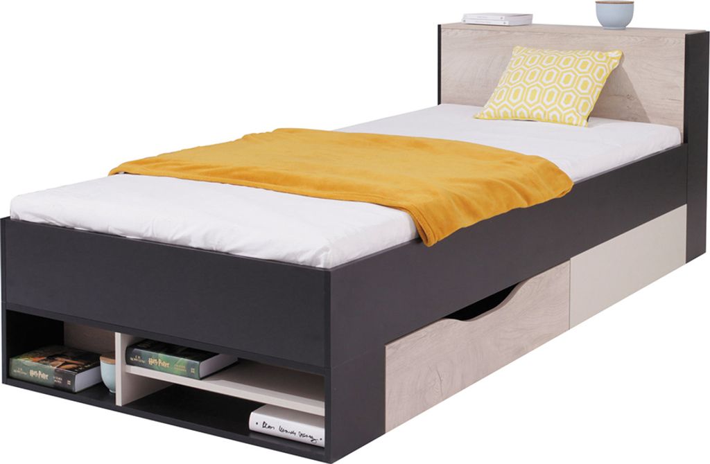 Jugendbett 90x200cm in schwarz mit Eiche und beige, PITTSBURGH-133