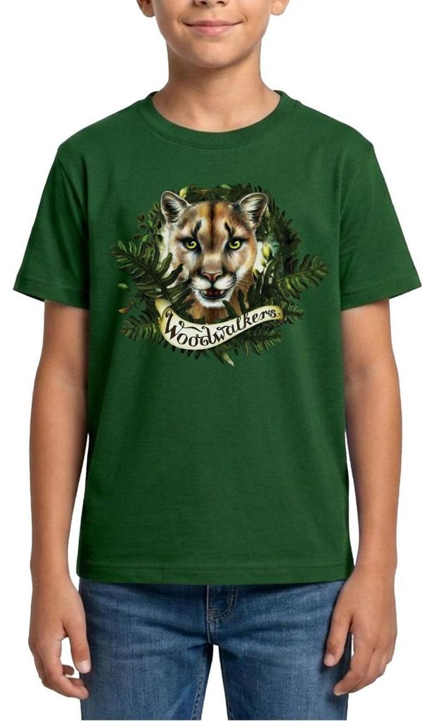 Spreadshirt Woodwalkers Carag In Tiergestalt & Schriftzug Teenager T-Shirt, 134/146 (9-11 Jahre), Forstgrün