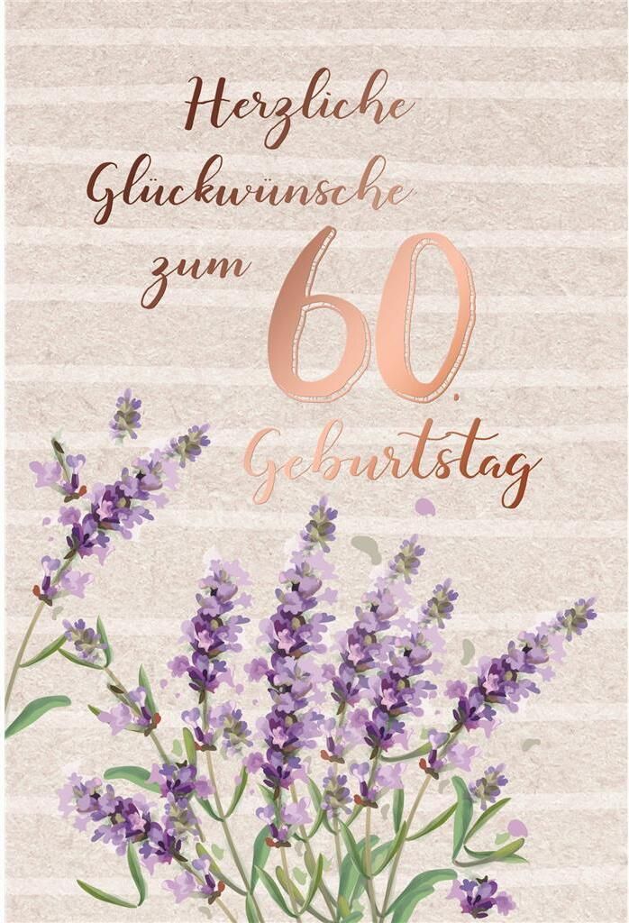 60. Geburtstag - Karte mit Umschlag - Lavendel - mit rosegoldener