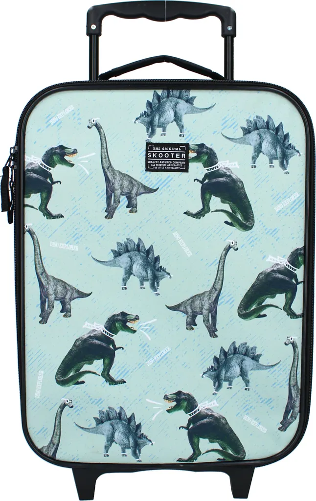Trolley enfant bleu avec roulettes silencieuses et imprimé dinosaure