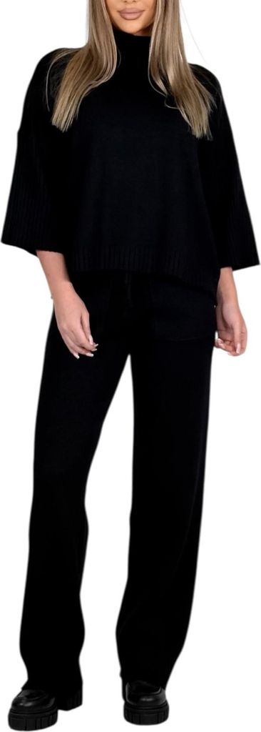 412 Strickset Damen Hose und Oberteil, Bequemer Loungewear Anzug im Relaxed Fit Schwarz