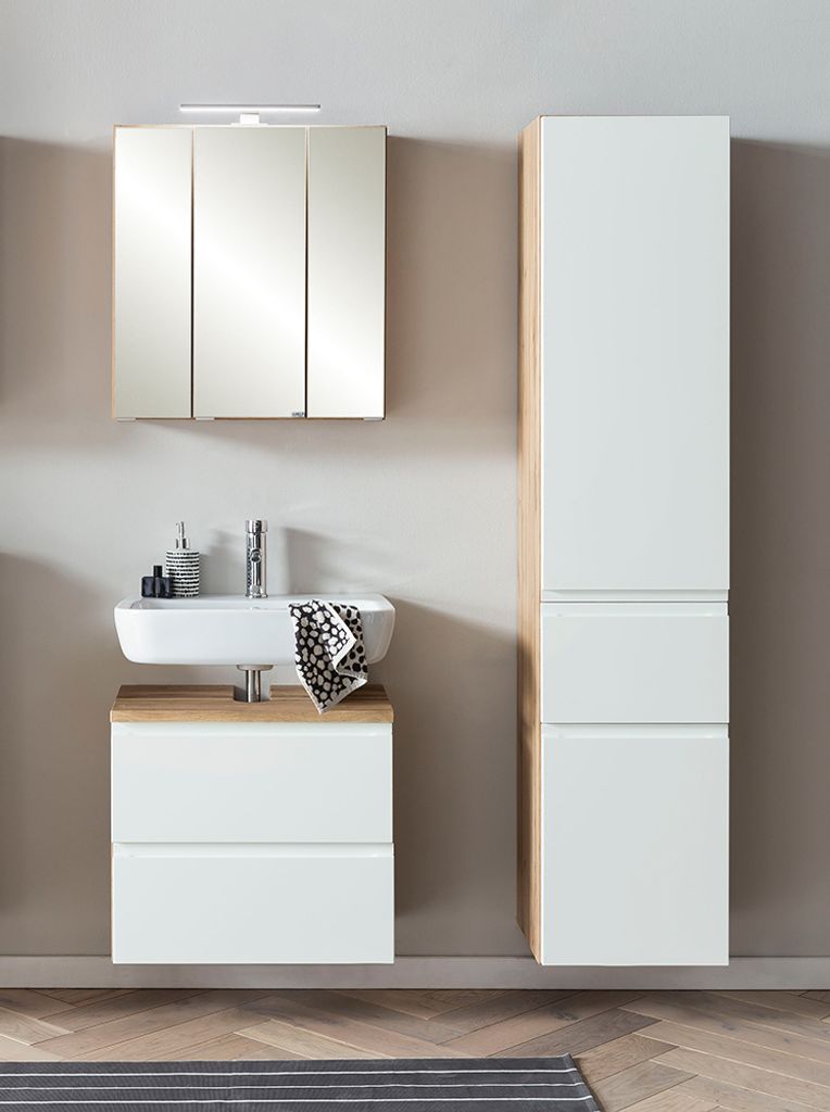 Badezimmer Set mit Aufsatzleuchte, stehend oder hängend, Wotan Eiche Nb. mit weiß matt, VASTO-03-WHITE, B/H/T ca. 115/200/35 cm