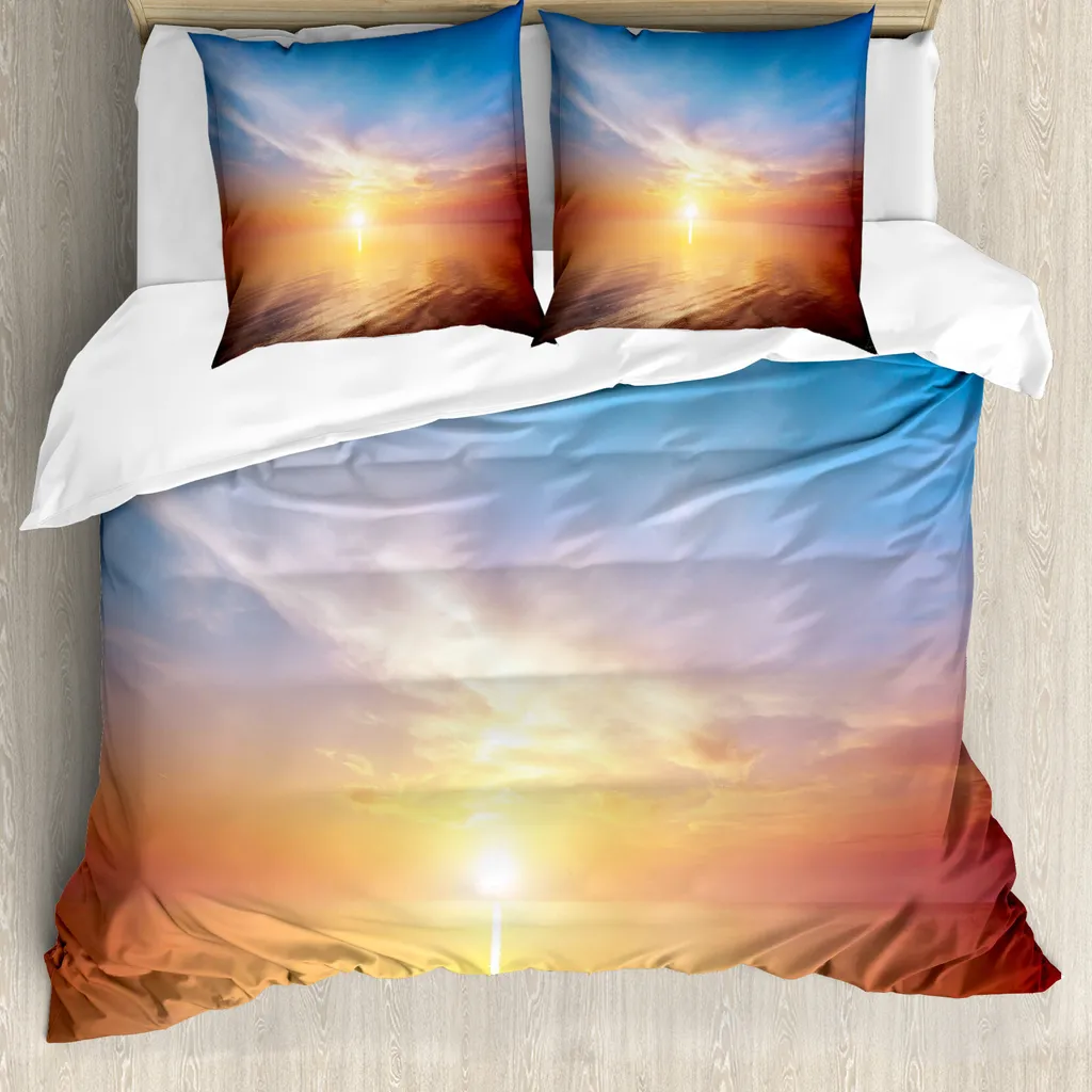 ABAKUHAUS Copripiumino Sonnenaufgang, Horizon Seascape Bay, antiacaro, adatto a chi soffre di allergie, con federe, 155 cm x 220 cm - 80 x 80 cm, arancione e blu