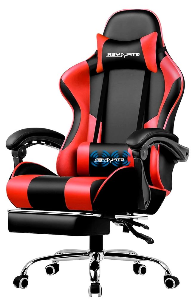 Gaming Stuhl Bürostuhl mit Massagefunktion und Fußstütze, ergonomischer Gamer Stuhl mit Kopfstütze und Lendenkissen, gepolstert, rot