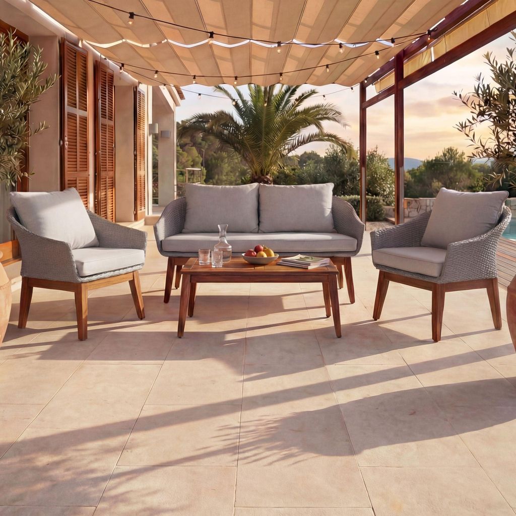 Gartengarnitur MCW-N37, Garten-/Lounge-Set Sofa Sitzgruppe, Poly-Rattan Holz Akazie grau, Kissen hellgrau