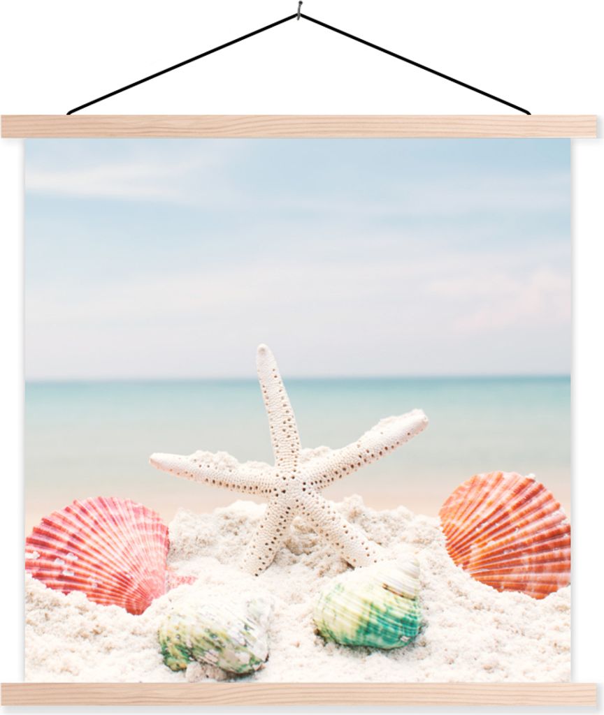 MuchoWow Textilposter Muscheln - Seesterne - Strand 40x40 cm mit holzfarbenen Rahmen - Posterleiste