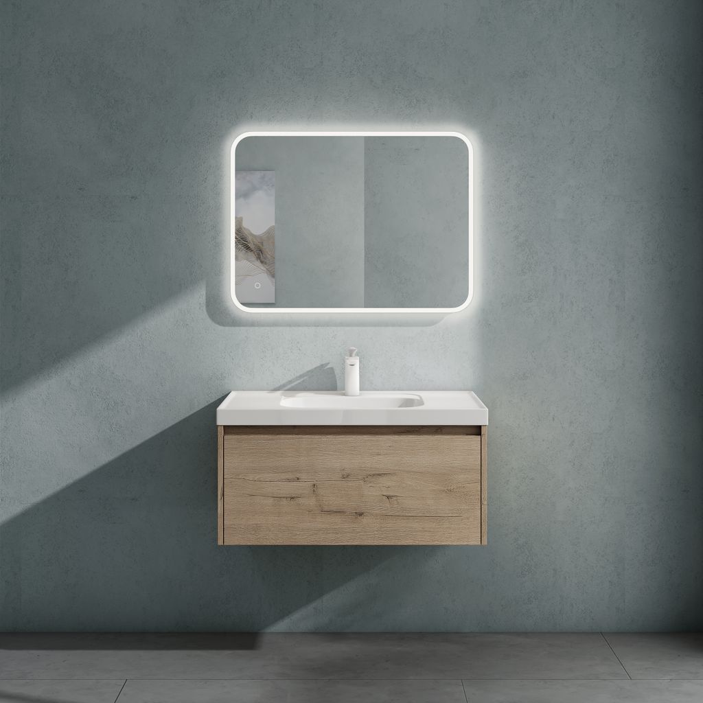 doporro Badmöbelset Waschbecken-Unterschrank mit Soft-close in Eiche Greige für Badezimmer 80x50X40cm inkl. Mineralguss-Waschbecken und LED-Spieg...