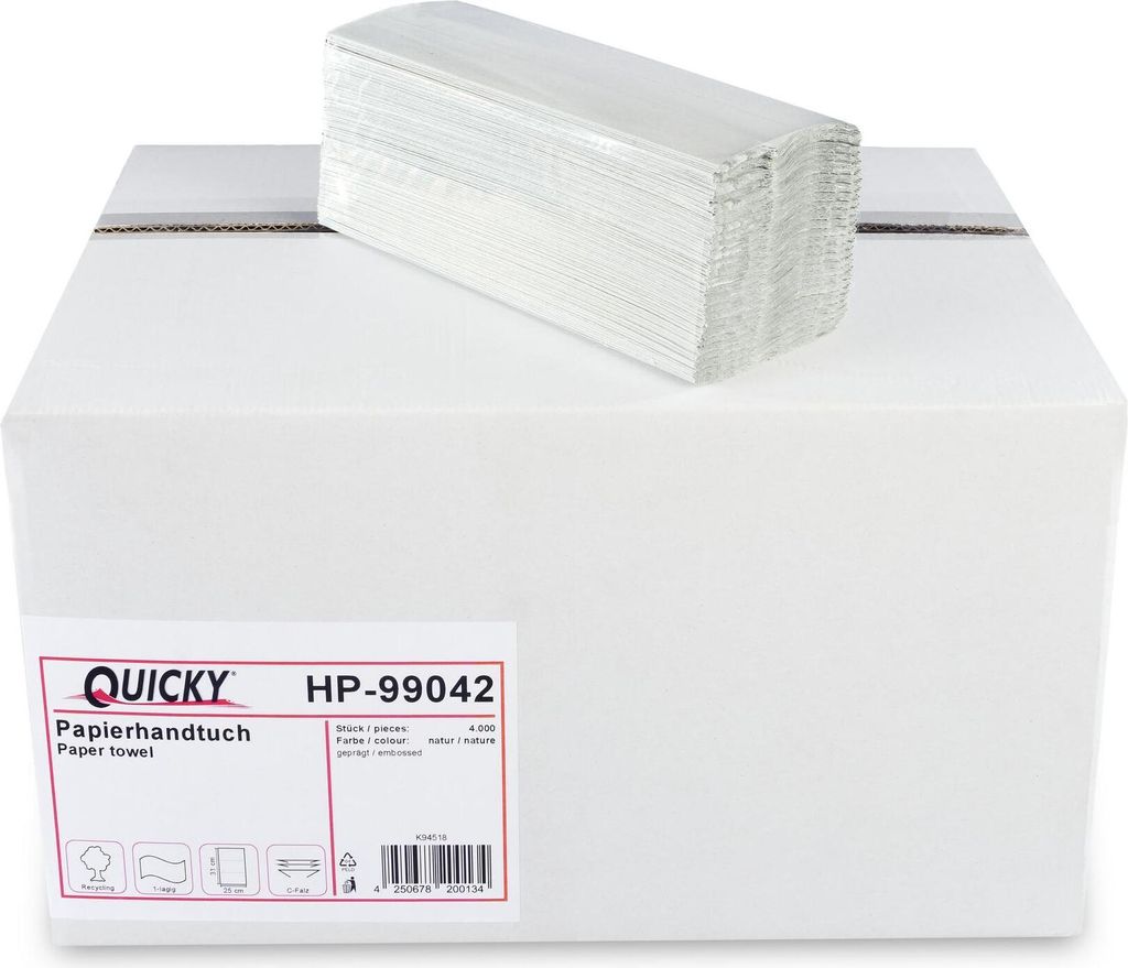 Quicky 4000 Blatt Papierhandtücher | 25x31cm, 1-lagig C-Falz, Recycling, natur