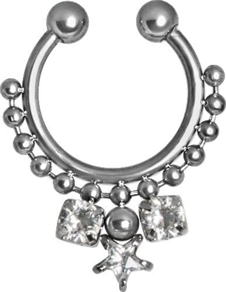Karisma Fake Shiny Septum Stern Nasenpiercing Piercing-Ring mit Kristall Elements Weiss und Kugekn Edelstahl 316L