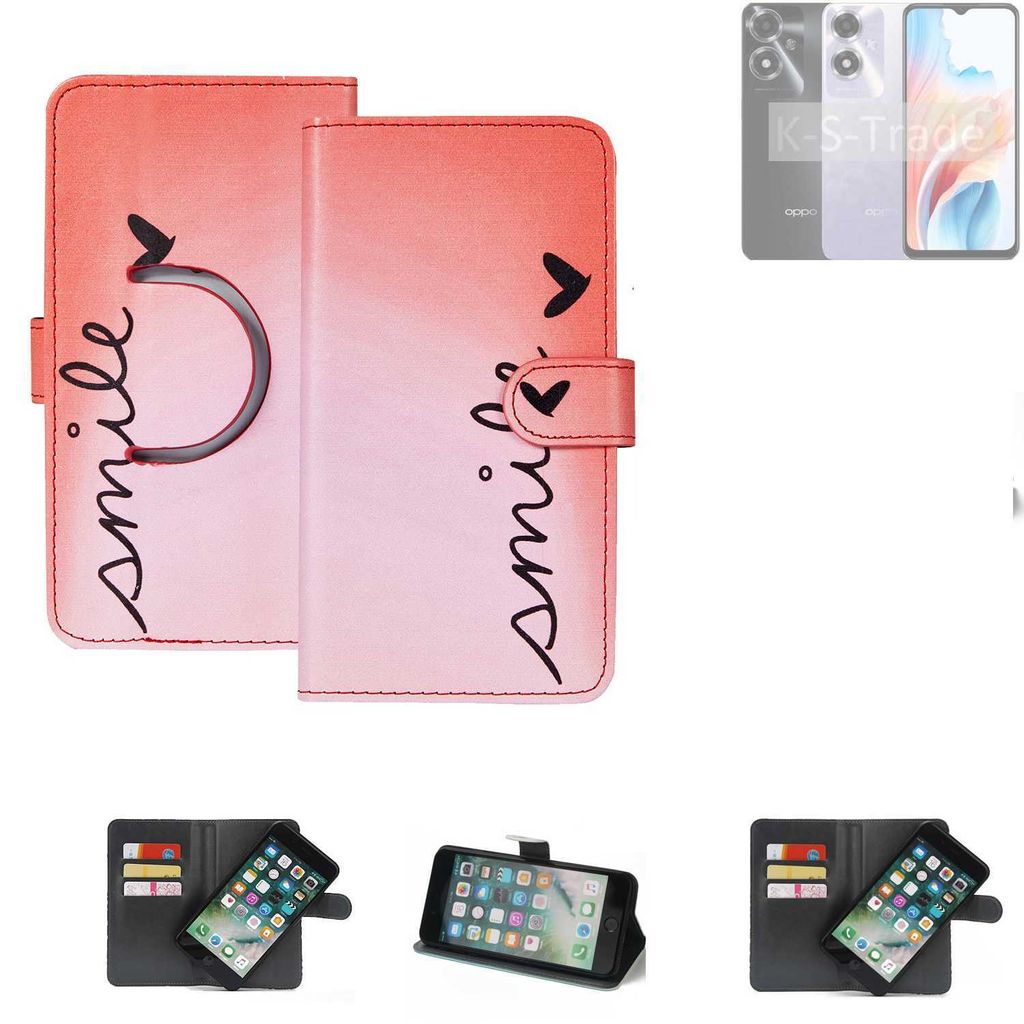 K-S-Trade Schutzhülle Handyhülle kompatibel mit Oppo A2m Hülle cover bookstyle Etui ''smile'' rot Standfunktion Kameraschutz (1Stk)